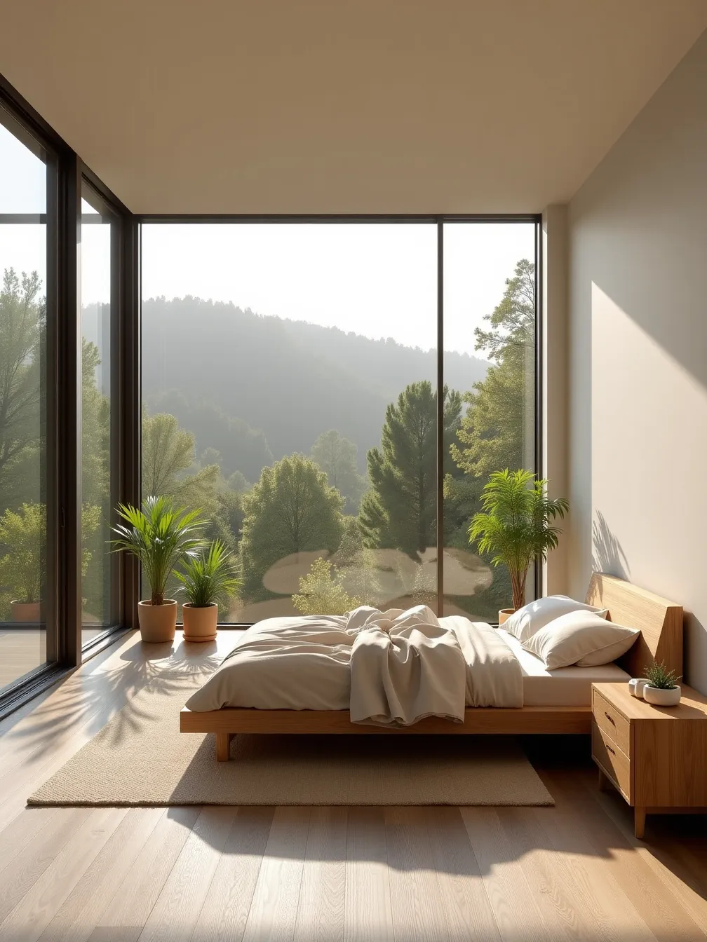 Modern Minimalist Bedroom with Forest View