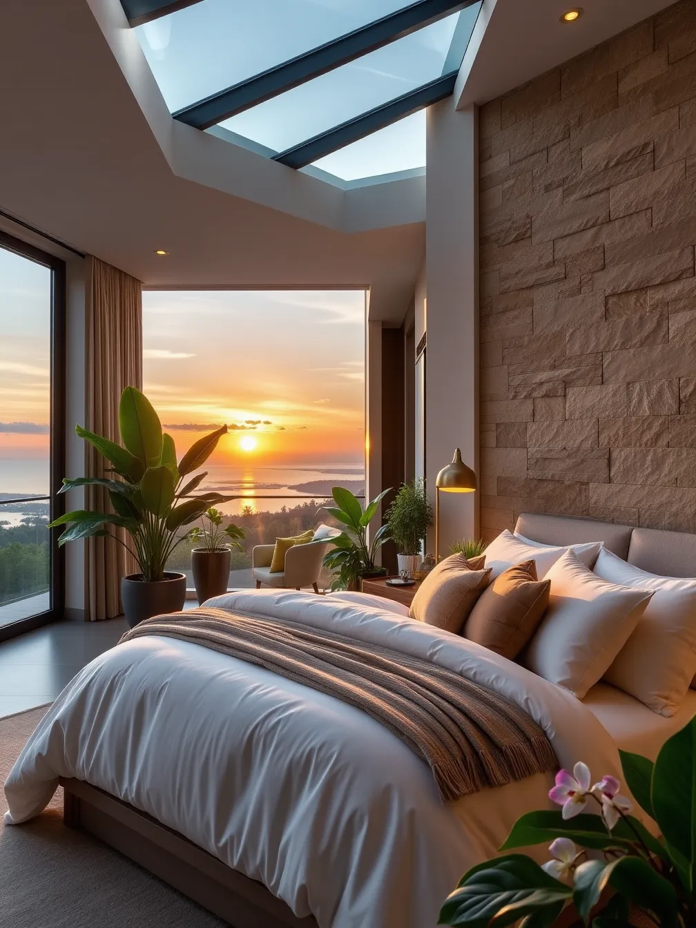 Luxurious Modern Bedroom with Stone Wall and Glass Ceiling